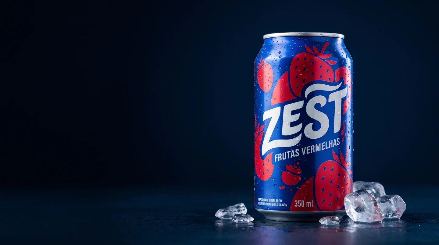 Lata azul ZEST de frutas vermelhas com gotas e pedras de gelo
