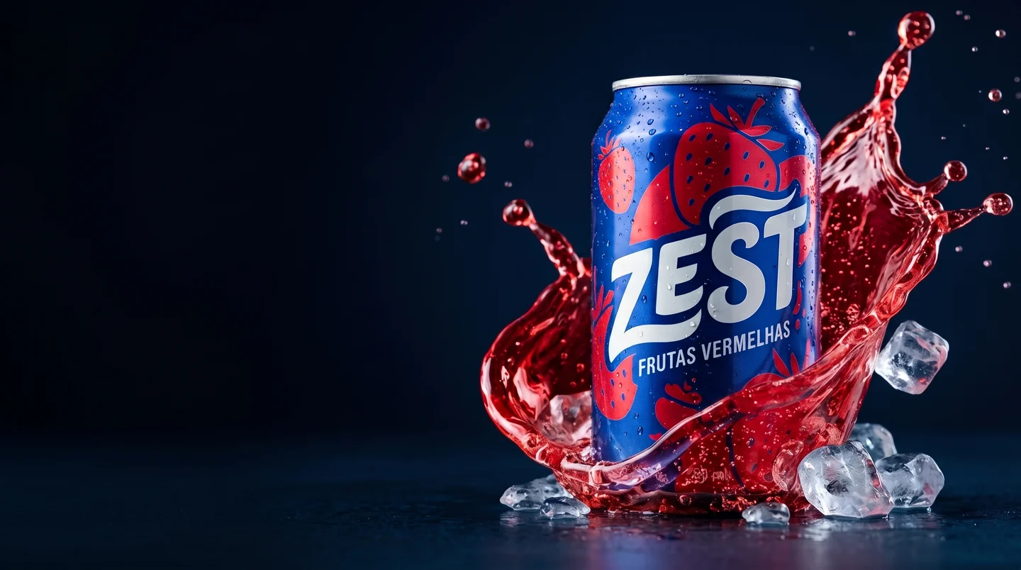 Lata ZEST envolta por um splash vermelho, com gelo
